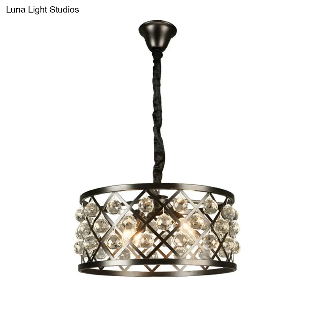 Metal And Crystal Round Ceiling Chandelier - 4-Light Black Lamp For Dining Room