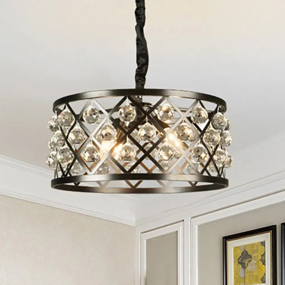 Metal And Crystal Round Ceiling Chandelier - 4-Light Black Lamp For Dining Room