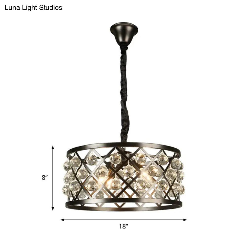 Metal And Crystal Round Ceiling Chandelier - 4-Light Black Lamp For Dining Room