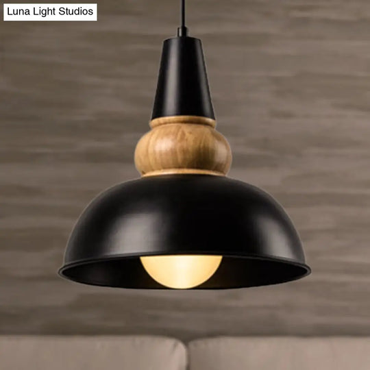 Modernist Style 1-Light Ceiling Pendant Lamp With Metal And Wood Bowl Shade In Black Living Room