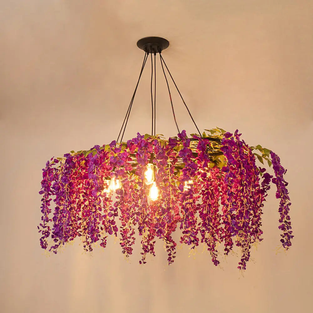 Metal Art Deco Chandelier With Artificial Flower Design For Dining Room Ceiling Lighting Dark Pink