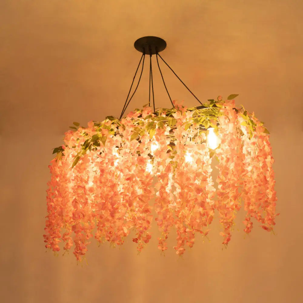 Metal Art Deco Chandelier With Artificial Flower Design For Dining Room Ceiling Lighting Light Pink