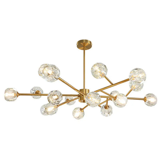 Metal Artistic Chandelier Light With Faceted Crystal Shade In Gold - Branch Living Room Suspension