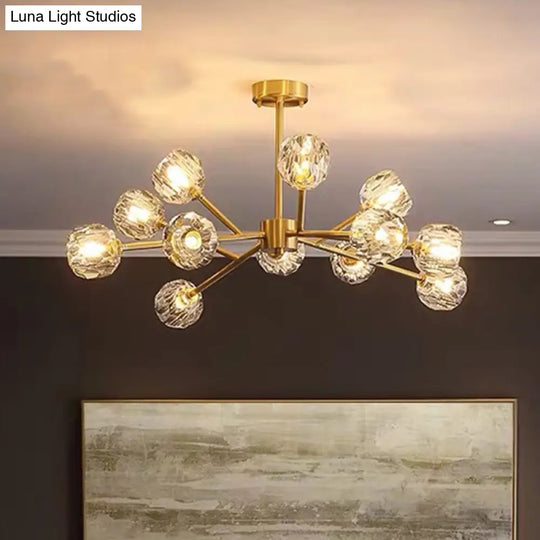 Metal Artistic Chandelier Light With Faceted Crystal Shade In Gold - Branch Living Room Suspension