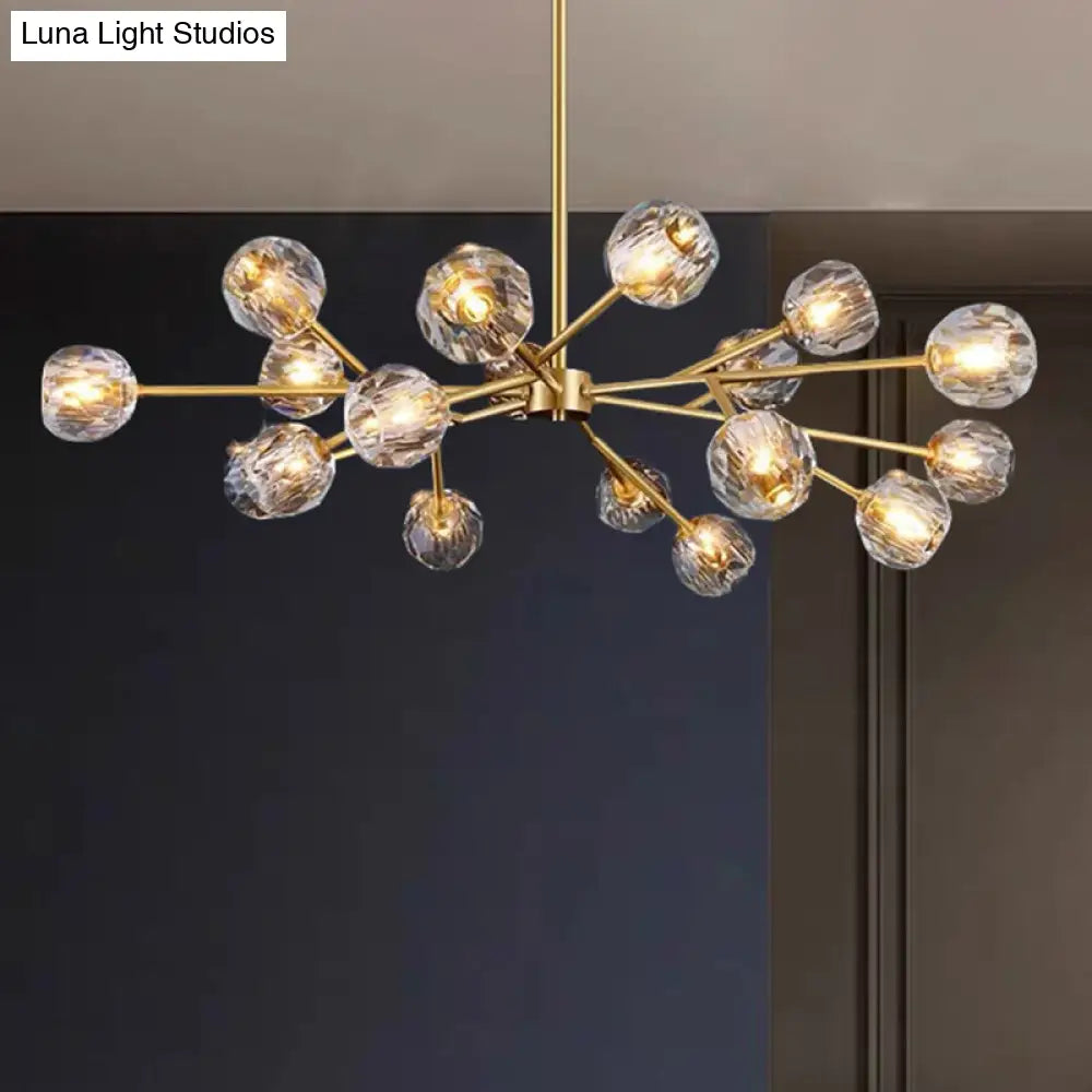 Metal Artistic Chandelier Light With Faceted Crystal Shade In Gold - Branch Living Room Suspension