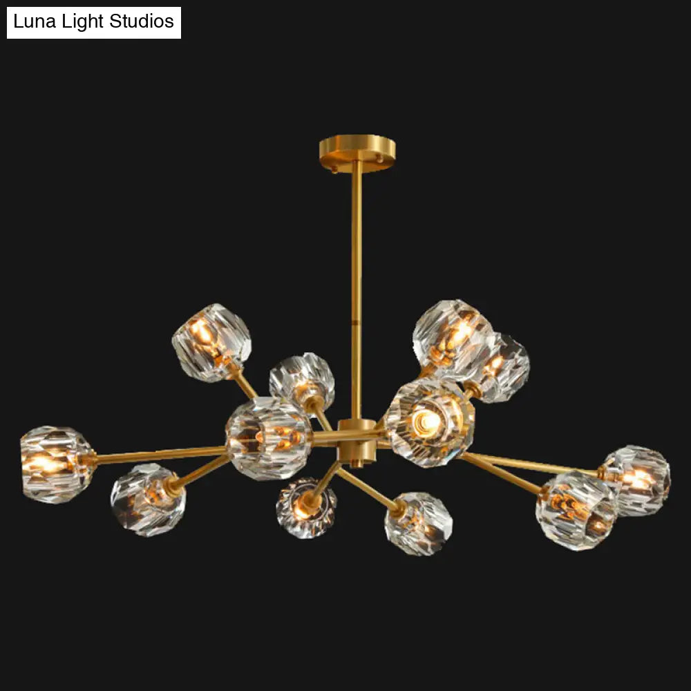 Metal Artistic Chandelier Light With Faceted Crystal Shade In Gold - Branch Living Room Suspension