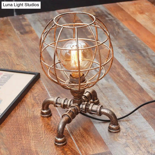 Metal Ball Cage Table Lamp With Pipe-Like Base - Industrial Style Mini Light Antique Bronze Finish 1