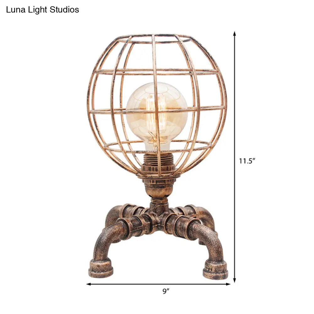 Metal Ball Cage Table Lamp With Pipe-Like Base - Industrial Style Mini Light Antique Bronze Finish 1