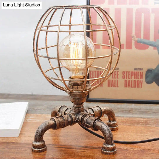Metal Ball Cage Table Lamp With Pipe-Like Base - Industrial Style Mini Light Antique Bronze Finish 1