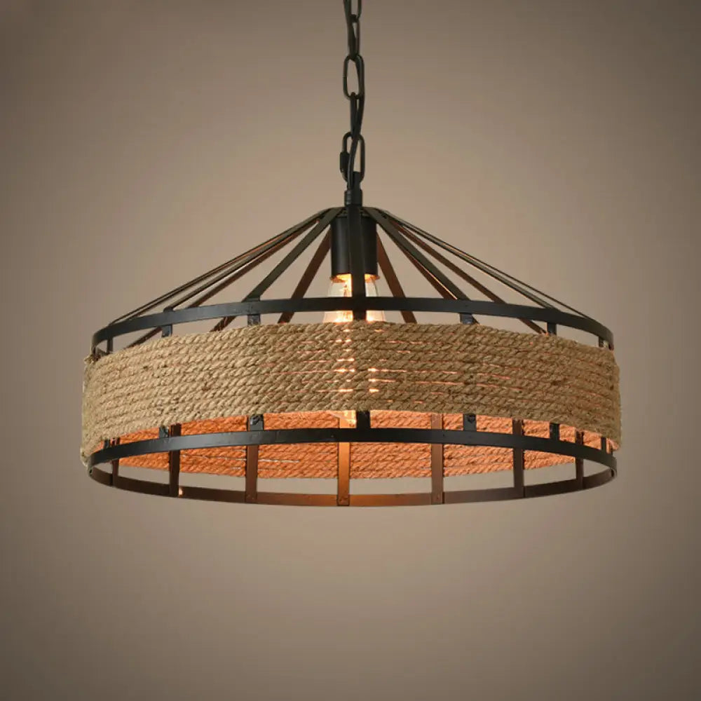 Metal Barn Hanging Ceiling Light: Antiqued 1 Bulb Pendant With Jute Rope Drop Black - Perfect For