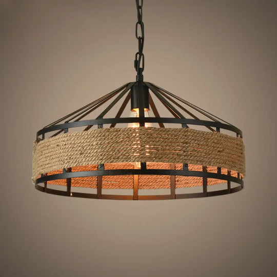 Metal Barn Hanging Ceiling Light: Antiqued 1 Bulb Pendant With Jute Rope Drop Black - Perfect For