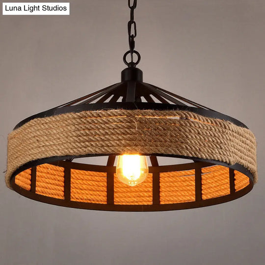 Antiqued Metal Pendant Light With Jute Rope Drop For Restaurants - Single Bulb Black Finish