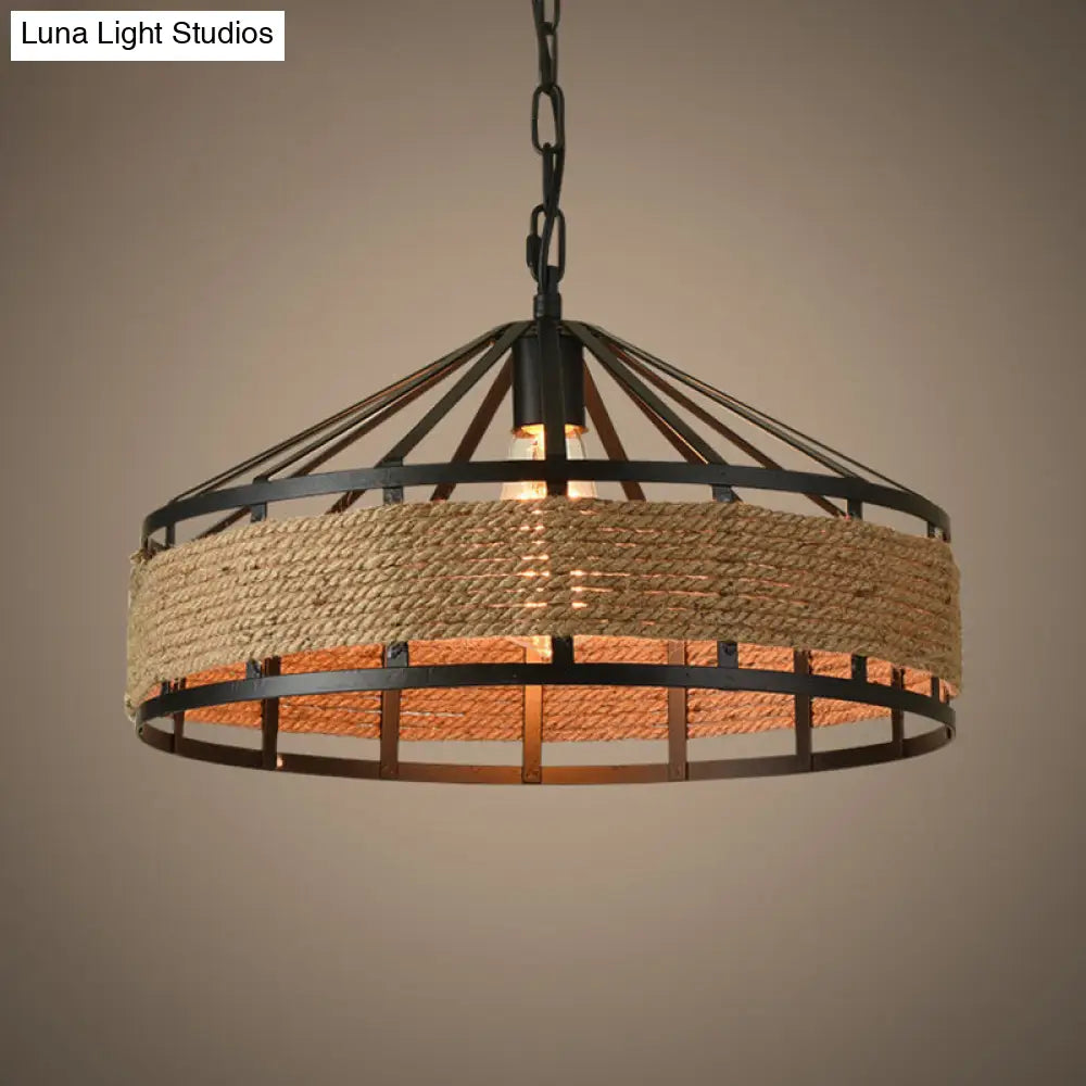 Antiqued Metal Pendant Light With Jute Rope Drop For Restaurants - Single Bulb Black Finish / 12