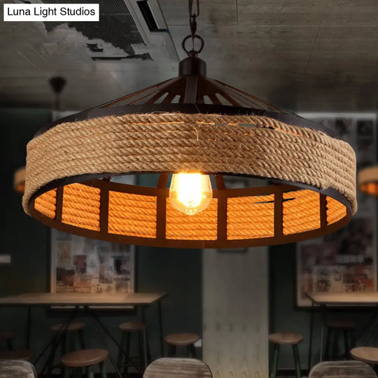 Metal Barn Hanging Ceiling Light: Antiqued 1 Bulb Pendant With Jute Rope Drop Black - Perfect For