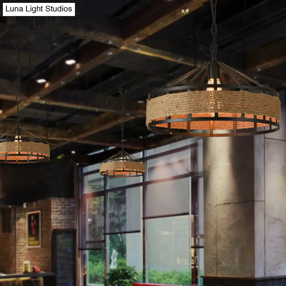 Antiqued Metal Pendant Light With Jute Rope Drop For Restaurants - Single Bulb Black Finish