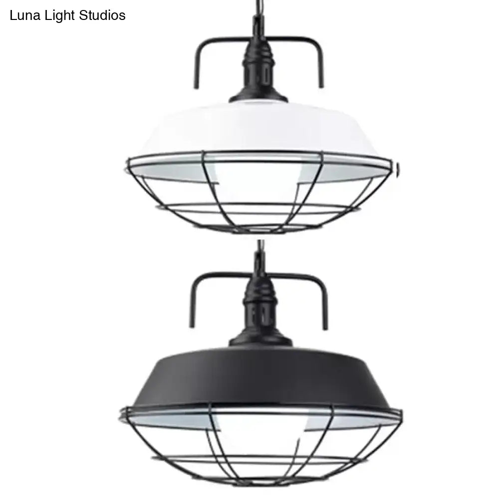 Metal Barn Pendant Light - Industrial 14/18 With Cage Black/White