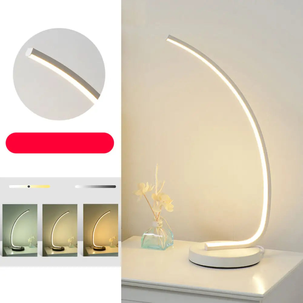 Metal Bedside Table Lamp With Curve Led Nightstand Light And Round Base White / 3 Color