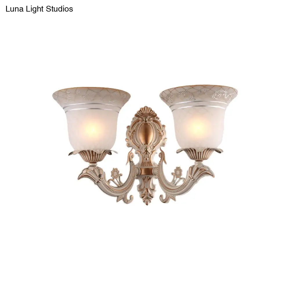 Metal Beige Curvy Arm Wall Sconce With Antique Bell White Glass Shade - 1/2-Light Lighting Fixture