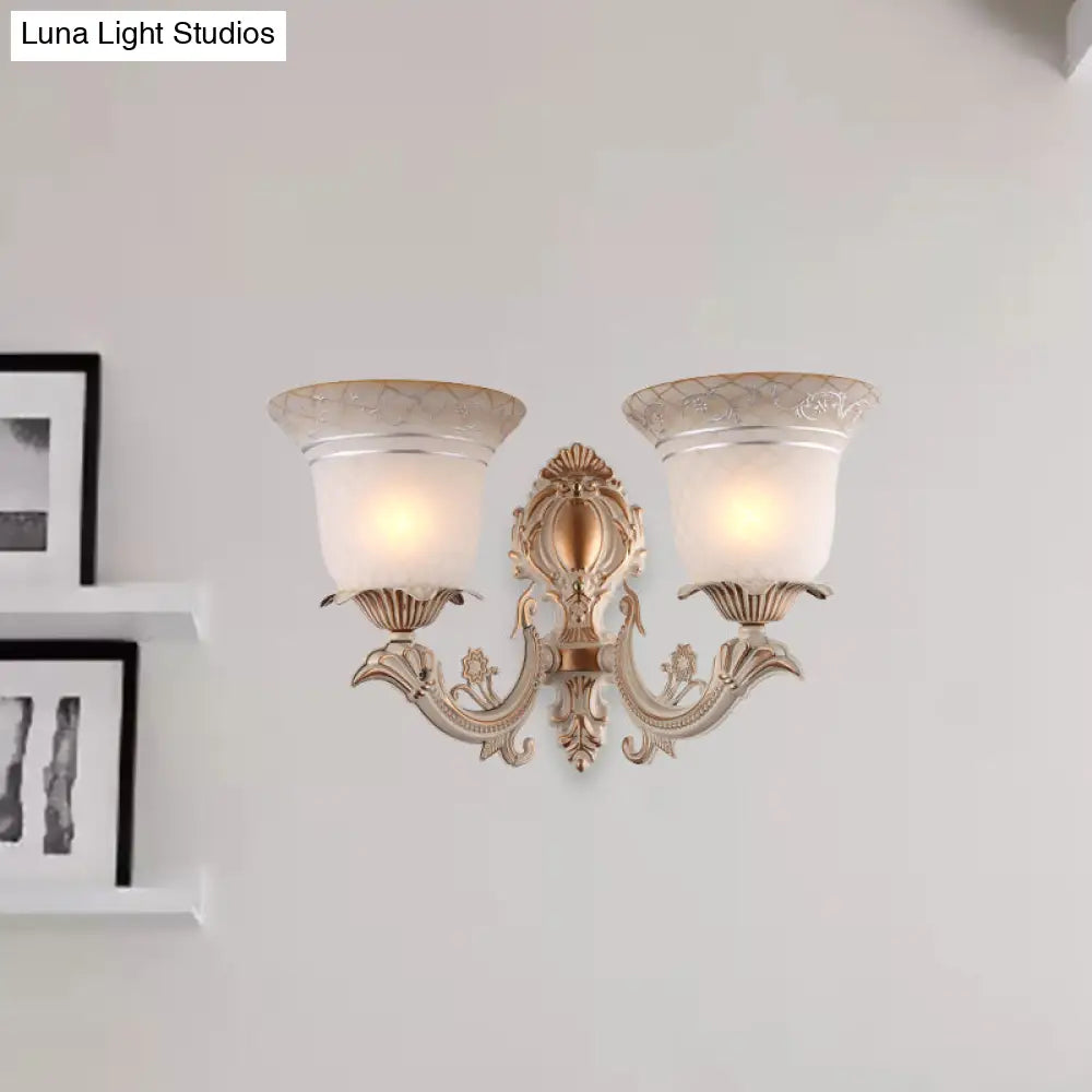 Metal Beige Curvy Arm Wall Sconce With Antique Bell White Glass Shade - 1/2-Light Lighting Fixture