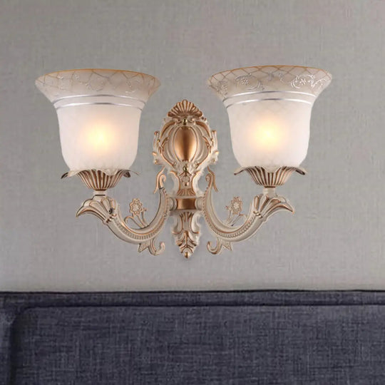 Metal Beige Curvy Arm Wall Sconce With Antique Bell White Glass Shade - 1/2-Light Lighting Fixture 2