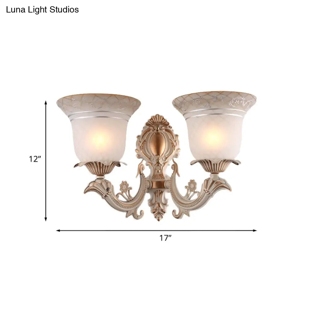 Metal Beige Curvy Arm Wall Sconce With Antique Bell White Glass Shade - 1/2-Light Lighting Fixture