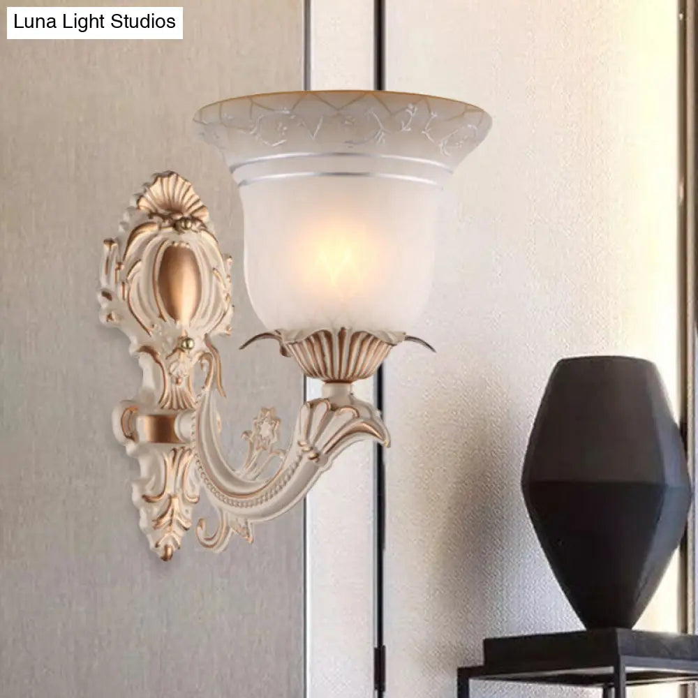 Metal Beige Curvy Arm Wall Sconce With Antique Bell White Glass Shade - 1/2-Light Lighting Fixture