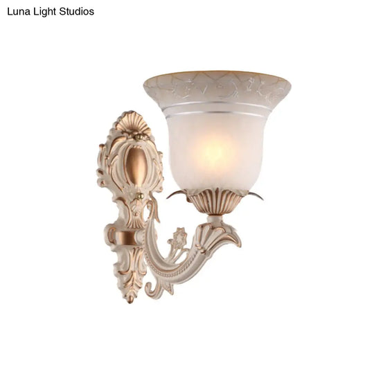 Metal Beige Curvy Arm Wall Sconce With Antique Bell White Glass Shade - 1/2-Light Lighting Fixture