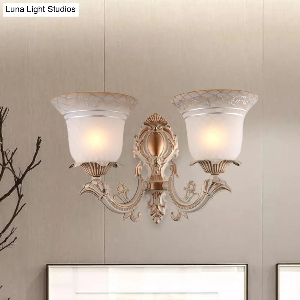 Metal Beige Curvy Arm Wall Sconce With Antique Bell White Glass Shade - 1/2-Light Lighting Fixture