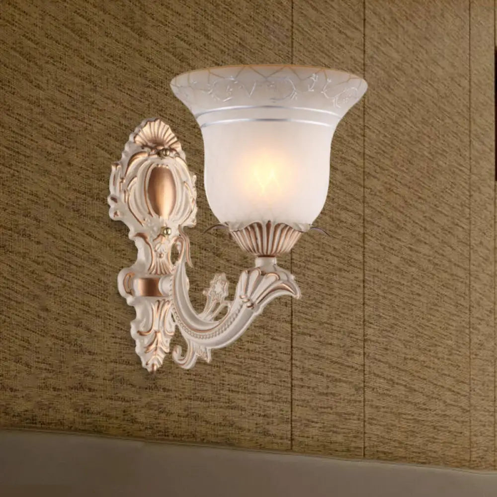 Metal Beige Curvy Arm Wall Sconce With Antique Bell White Glass Shade - 1/2-Light Lighting Fixture 1