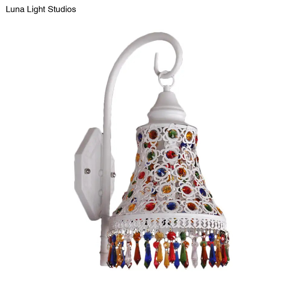 Metal Bell Wall Sconce Light: Decorative 1-Bulb White Corridor Lighting With Crystal Accents