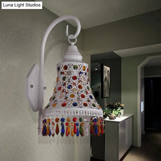 Metal Bell Wall Sconce Light: Decorative 1-Bulb White Corridor Lighting With Crystal Accents