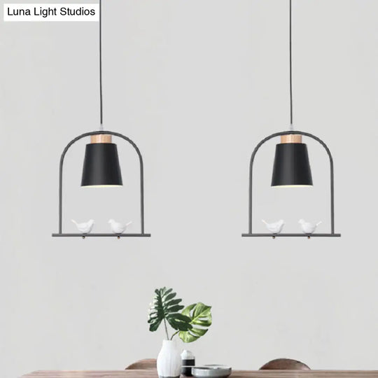 Metal Down Lighting Macaron Pendant Lamp With Bird Cage Shape And Barrel Shade - White/Black/Grey