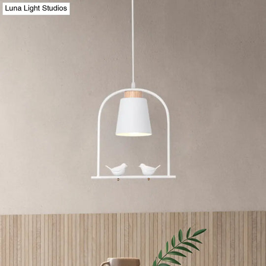 Metal Down Lighting Macaron Pendant Lamp With Bird Cage Shape And Barrel Shade - White/Black/Grey