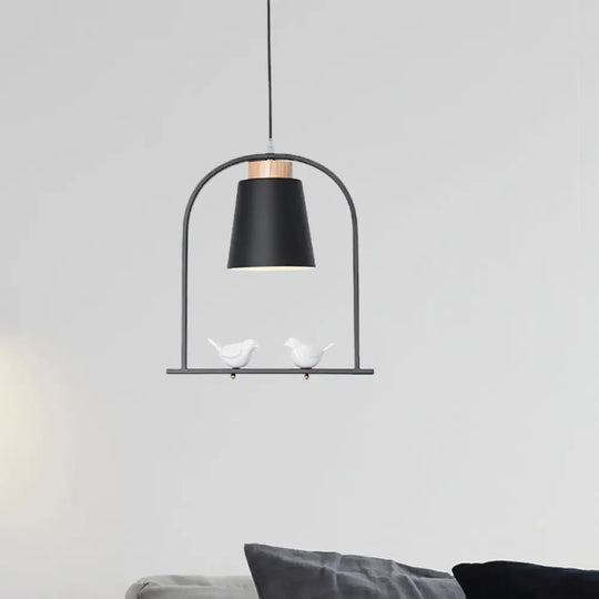 Metal Bird Cage Down Lighting Pendant Lamp With Small Barrel Shade In White/Black/Grey Finish Black