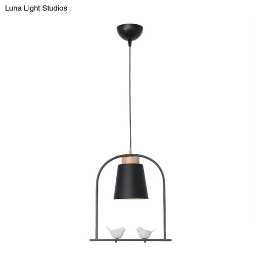 Metal Down Lighting Macaron Pendant Lamp With Bird Cage Shape And Barrel Shade - White/Black/Grey