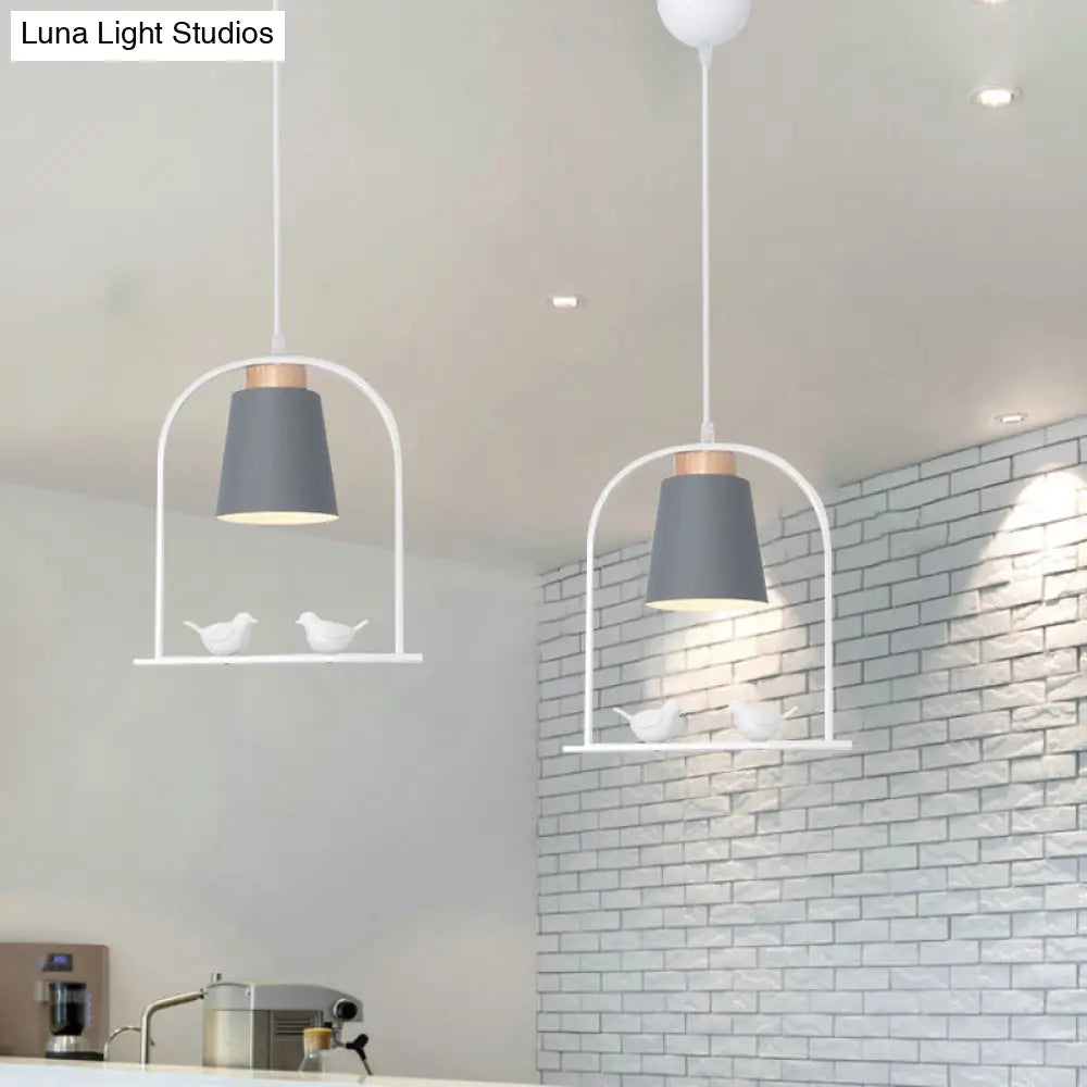 Metal Down Lighting Macaron Pendant Lamp With Bird Cage Shape And Barrel Shade - White/Black/Grey