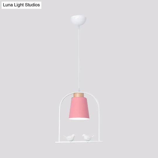 Metal Down Lighting Macaron Pendant Lamp With Bird Cage Shape And Barrel Shade - White/Black/Grey