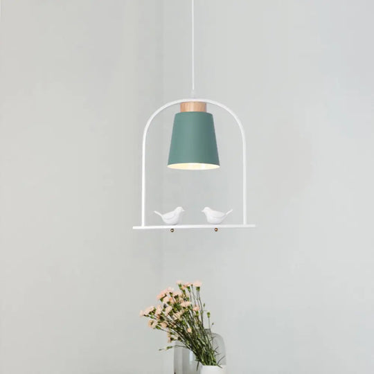 Metal Bird Cage Down Lighting Pendant Lamp With Small Barrel Shade In White/Black/Grey Finish Green