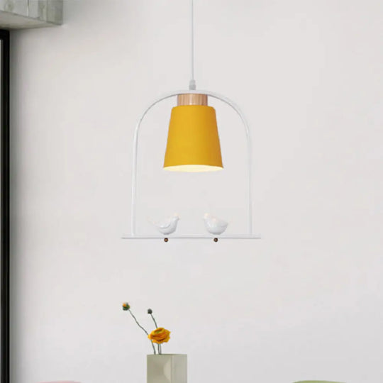 Metal Bird Cage Down Lighting Pendant Lamp With Small Barrel Shade In White/Black/Grey Finish Yellow