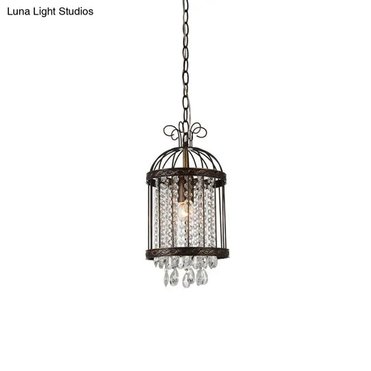 Metal Bird Cage Hanging Pendant Light - Vintage Style With Crystal Beaded Strand In Antique Bronze