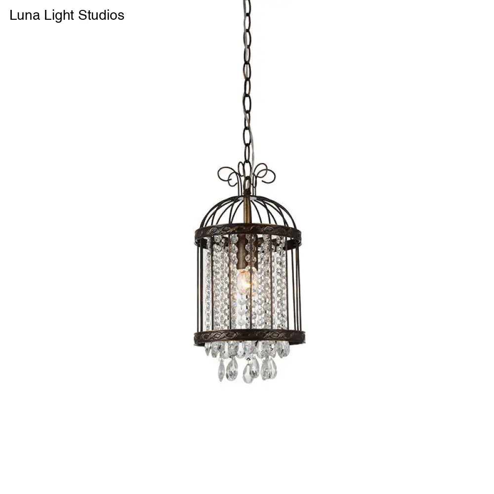 Vintage Bird Cage Pendant Light With Crystal Beads In Antique Bronze