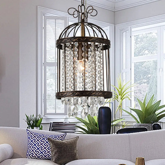 Metal Bird Cage Hanging Pendant Light - Vintage Style With Crystal Beaded Strand In Antique Bronze