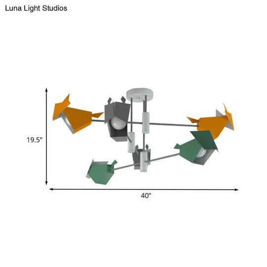 Metal Bird-Like Semi Flush Light Fixture - 6 Lights Grey-Yellow-Green Ceiling Lamp