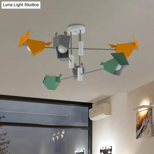 Metal Bird-Like Semi Flush Light Fixture - 6 Lights Grey-Yellow-Green Ceiling Lamp