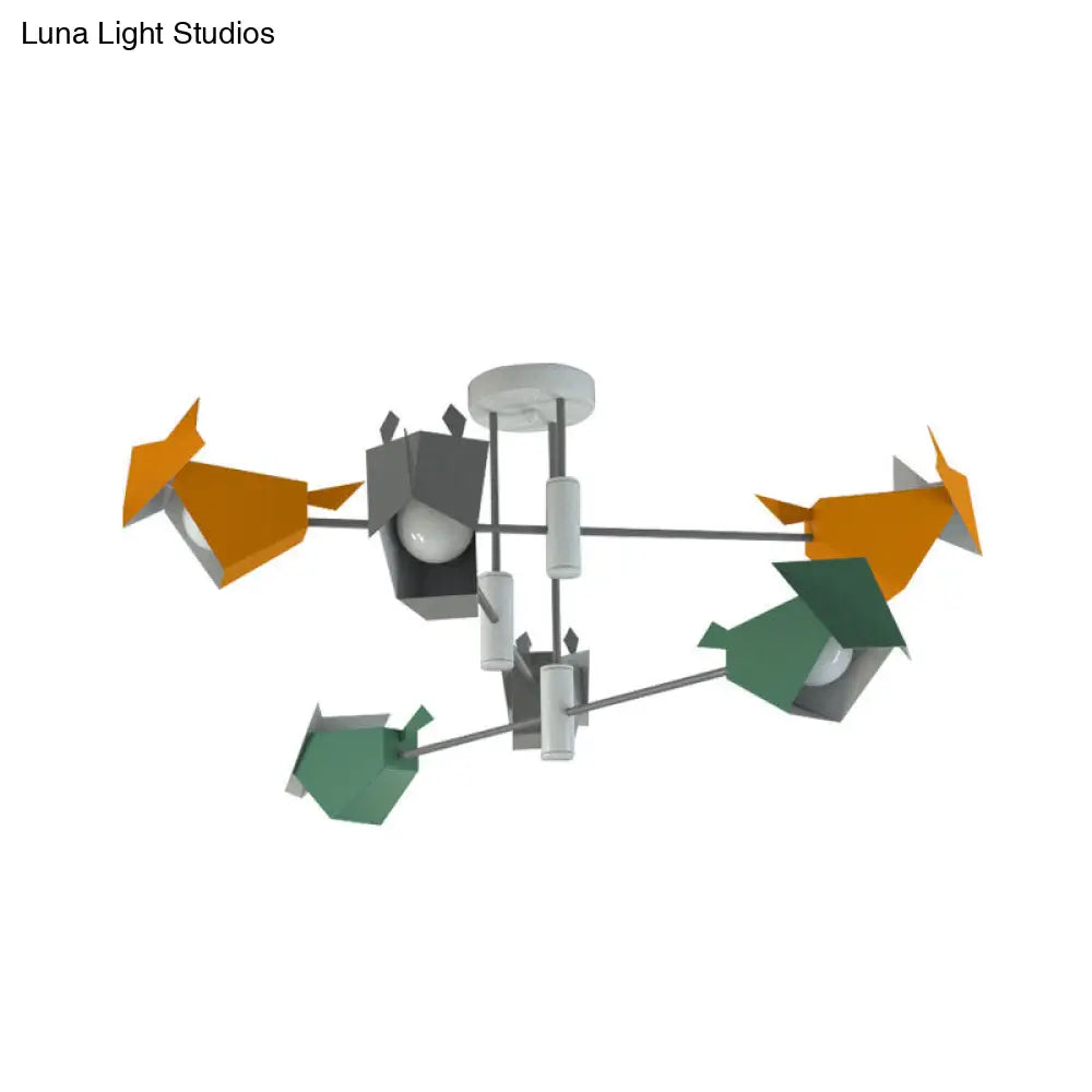 Metal Bird-Like Semi Flush Light Fixture - 6 Lights Grey-Yellow-Green Ceiling Lamp