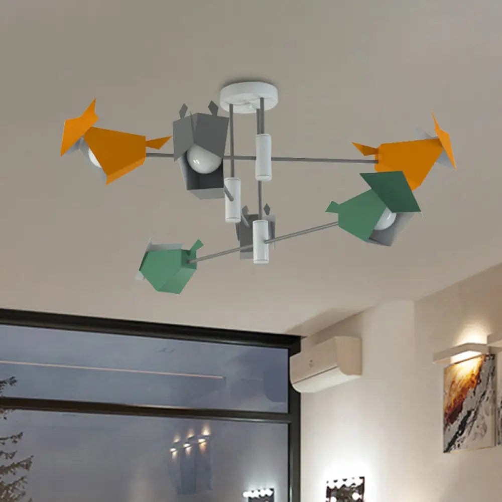 Metal Bird - Like Semi Flush Light Fixture - 6 Lights Grey - Yellow - Green Ceiling Lamp