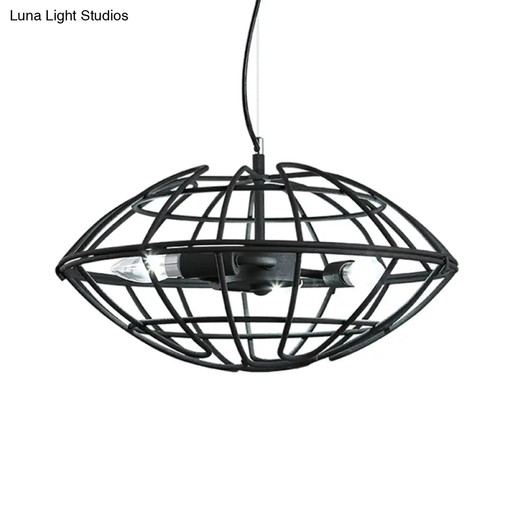 Metal Black Chandelier Light With Ufo Wire Cage - 3 Bulbs Restaurant Suspension Lighting