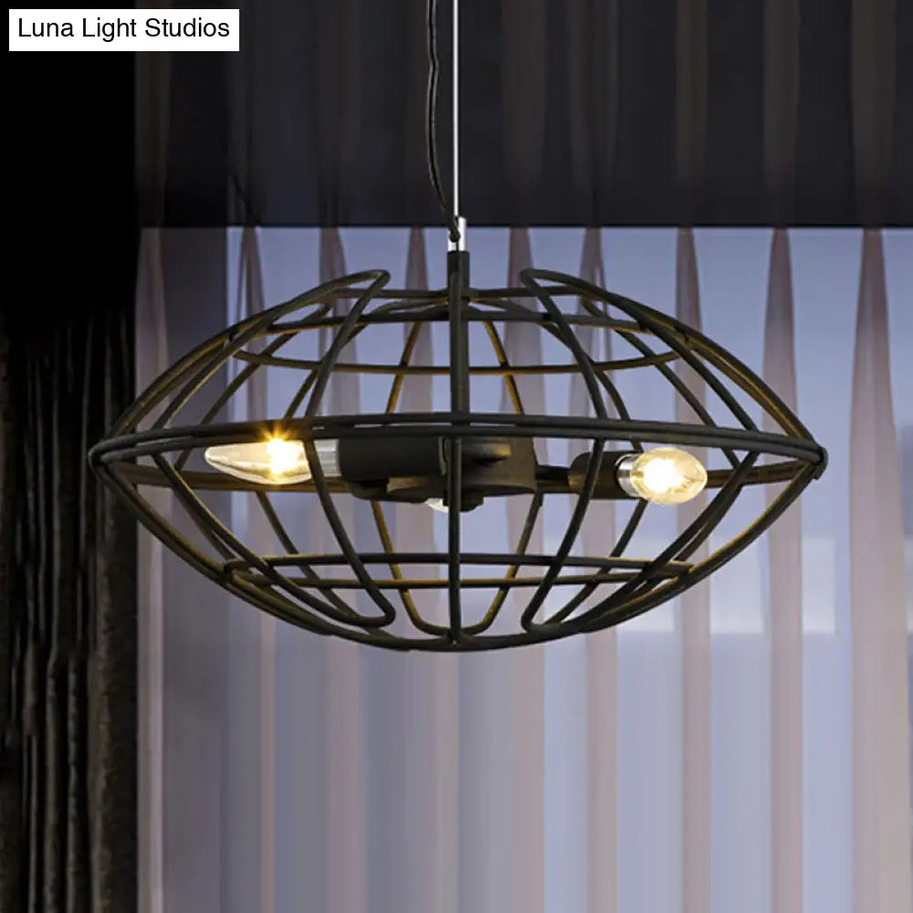 Metal Black Chandelier Light - Ufo Wire Cage 3 Bulb Factory Suspension Lighting For Restaurant