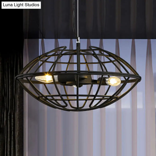 Metal Black Chandelier Light - Ufo Wire Cage 3 Bulb Factory Suspension Lighting For Restaurant