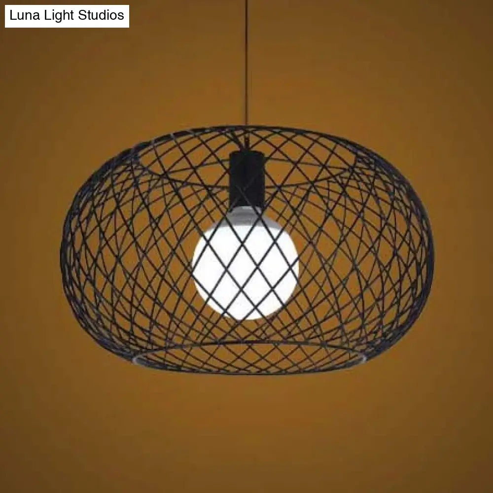 Industrial Loft Suspension Light With Metal Cage And Black Finish - 1 Head Pendant Lamp Drum Shade